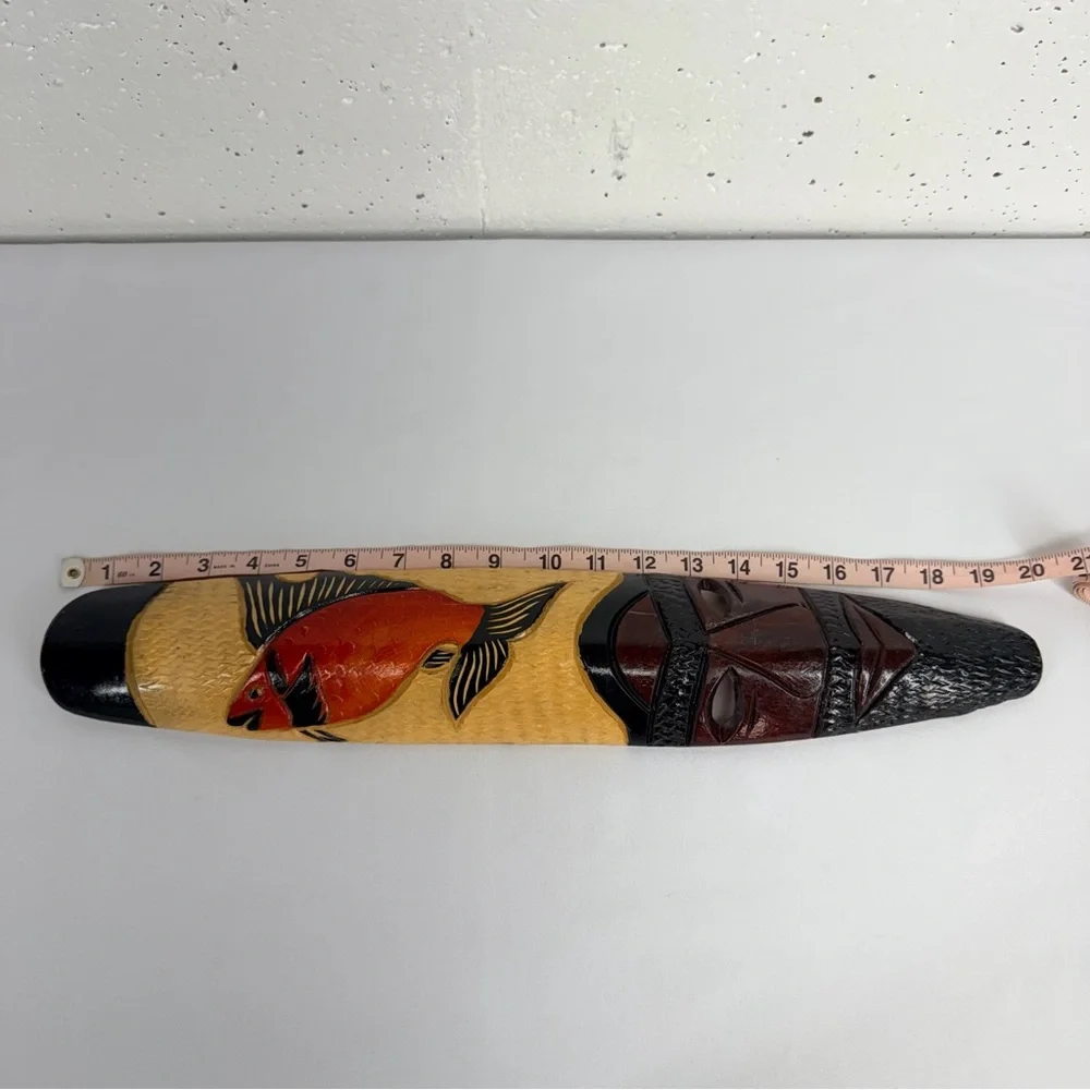 Hand Carved African Jamaican Tribal Fish Warrior Mask Hanging Wall Art 19”